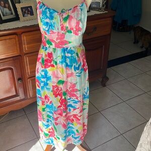 Old navy fit flare bodice watercolor floral midi dress medium smocked.